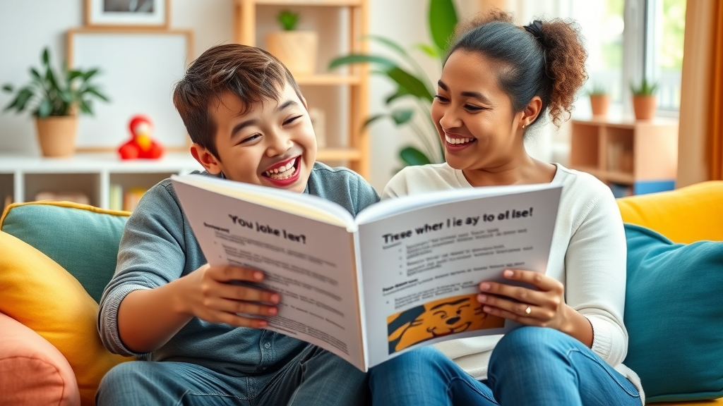 Child and parent reading a joke book, daily jokes for kids, laughing together on colorful sofa, Canon EF 24-70mm f/2.8 lens