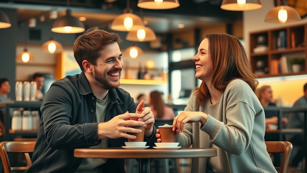 Friends at coffee shop laughing over a joke, daily jokes improving social connection, Sony G Master 35mm f/1.4 lens