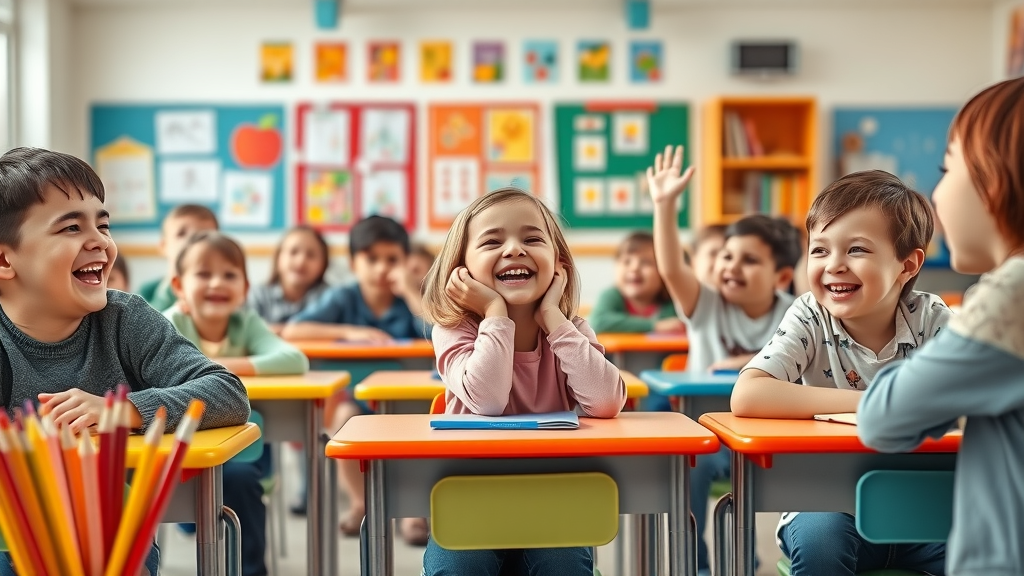 Elementary classroom, teacher telling daily joke, children laughing at colorful desks, Canon EF-S 18-135mm f/3.5-5.6 lens
