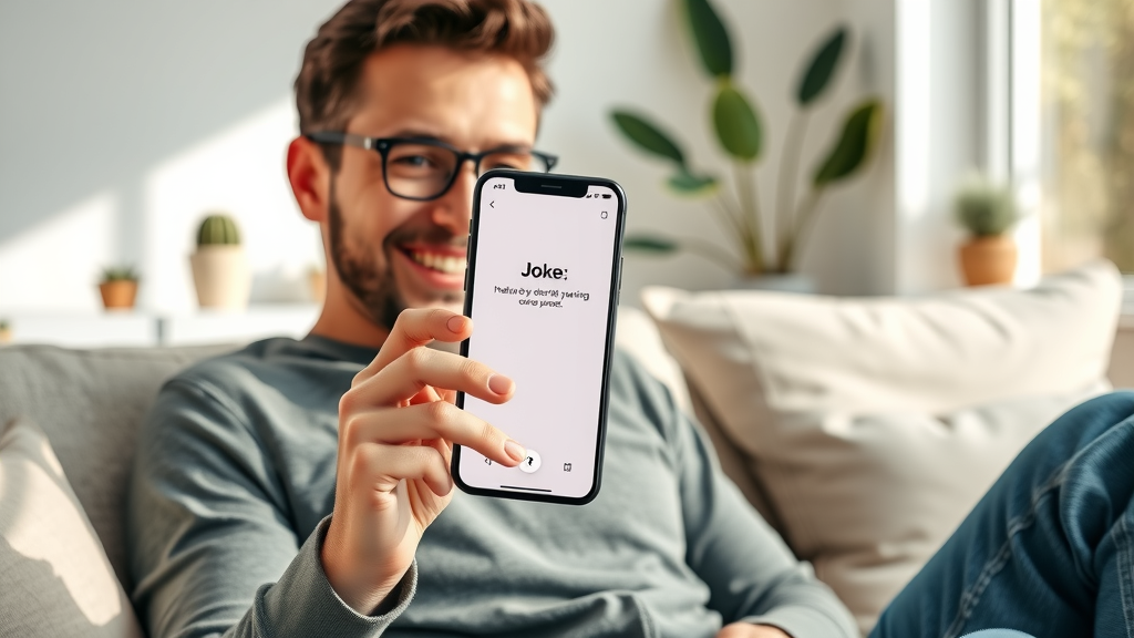 Smartphone displaying daily joke app, adult with cheerful smile, modern living room, iPhone 13 Pro 26mm