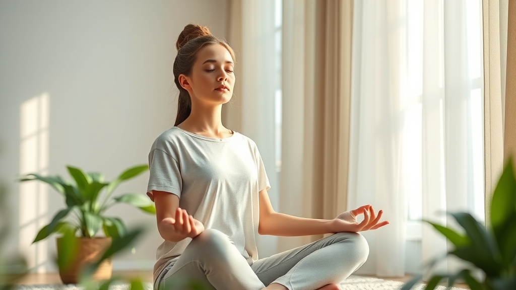 serene woman practicing deep breathing for stress relief, surrounded by soothing natural light and plants