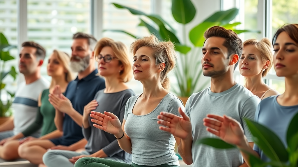 diverse adults practicing various breathing exercises for stress relief in a wellness studio