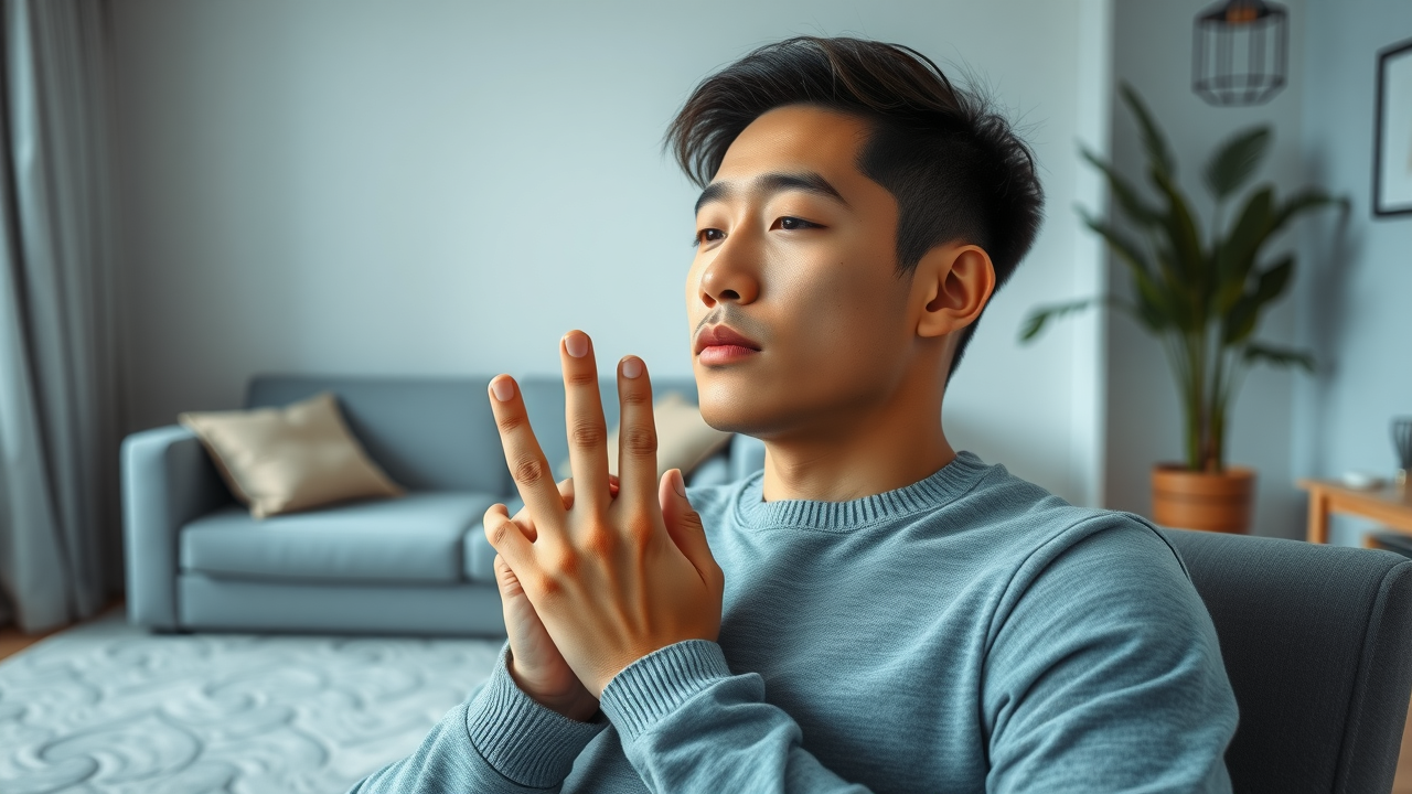 man practicing 4-7-8 breathing exercise for stress relief, calm living environment