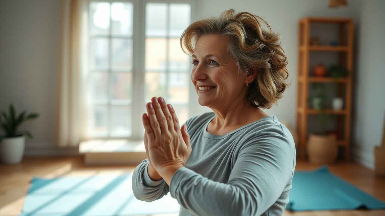 woman demonstrating alternate nostril breathing to relieve stress in a home yoga space