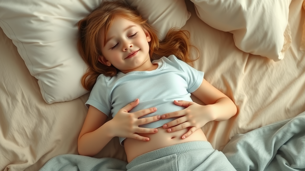 girl lying on bed practicing belly breathing with hands on stomach for stress relief