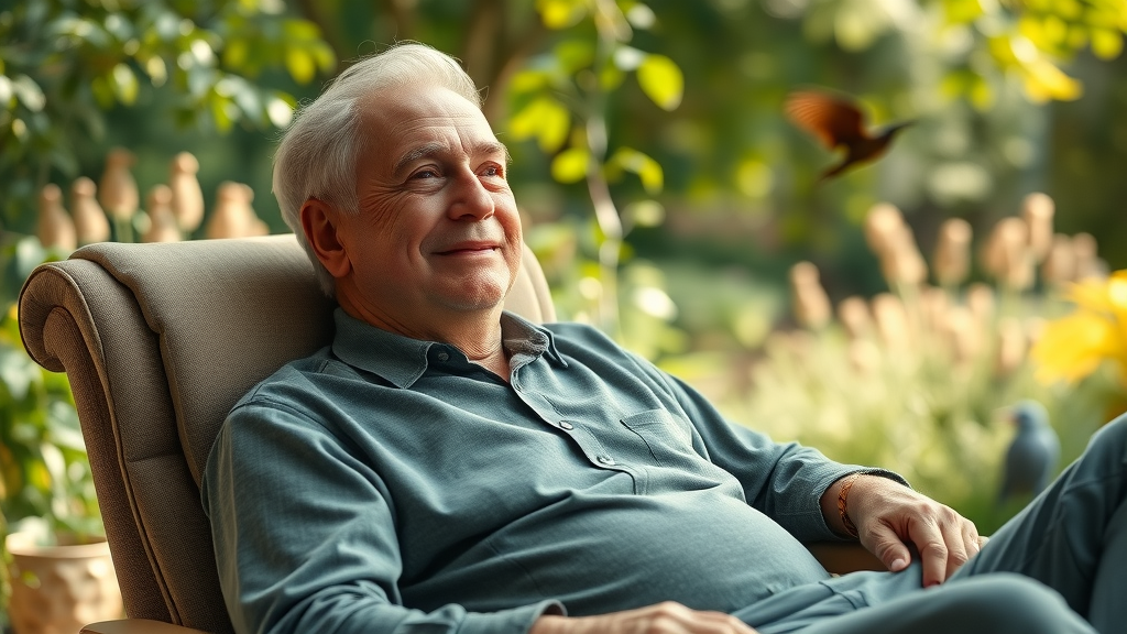 elderly man practicing muscle relaxation and deep breathing in a tranquil garden
