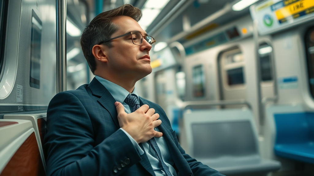 businessperson practicing deep breathing exercise for stress relief on subway bench