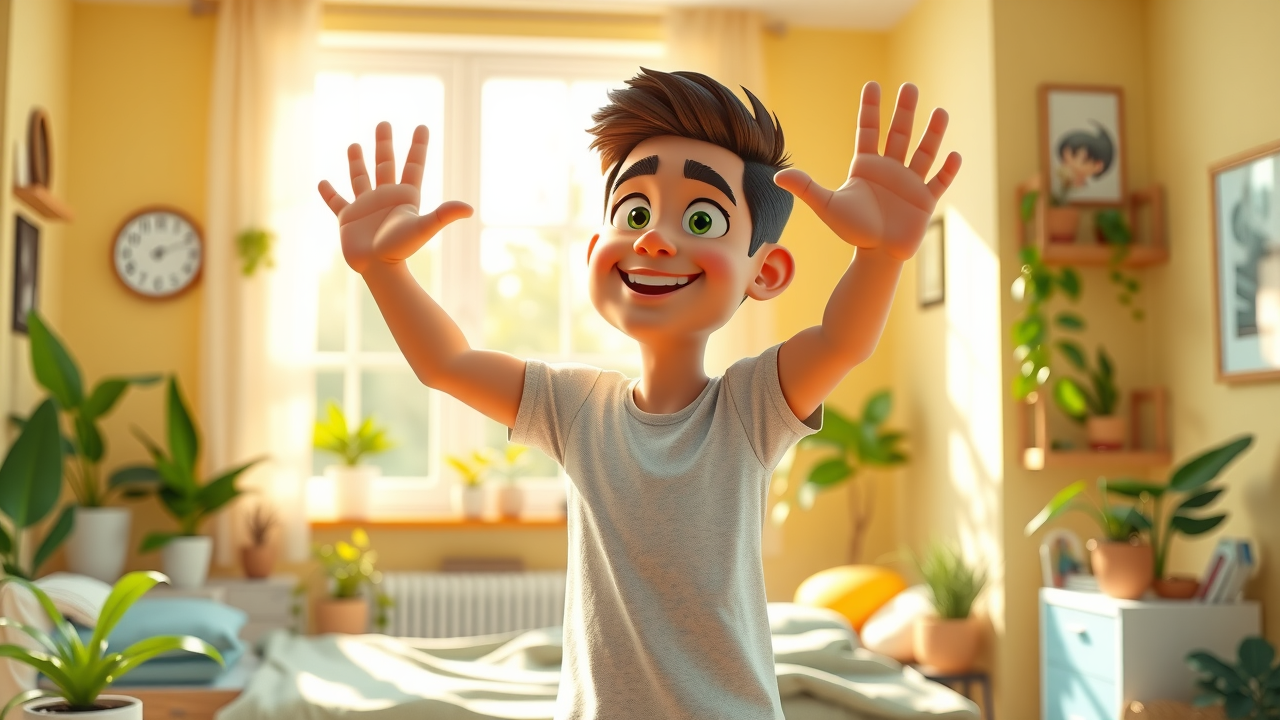 inspired man beginning breathing-exercises for stress in a sunny, hopeful room