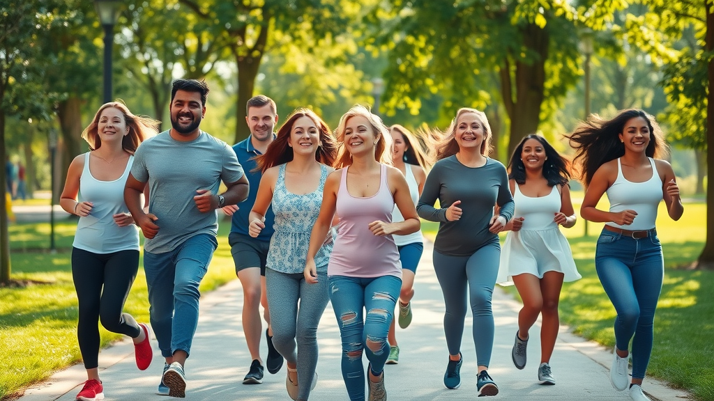 Group enjoying outdoor exercise for mental health benefits in an urban park, sunlight, trees, joy