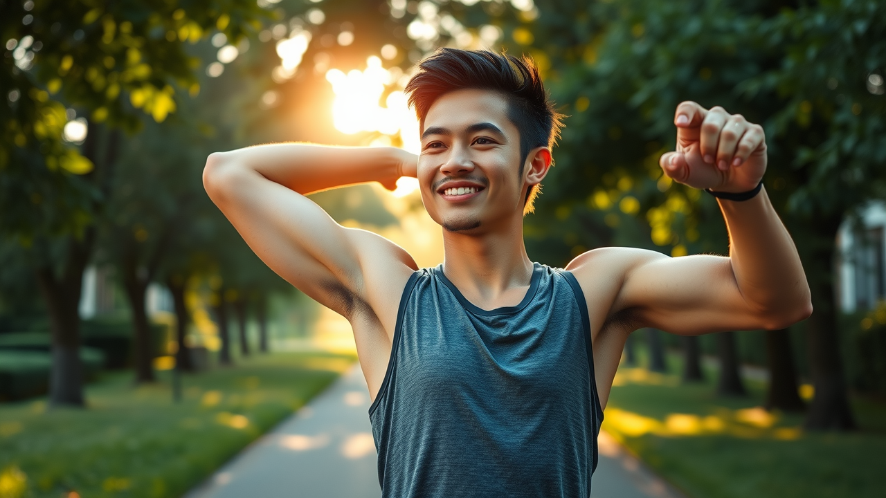 Motivated young adult preparing for a run to gain mental health benefits, outdoor path, golden sunlight