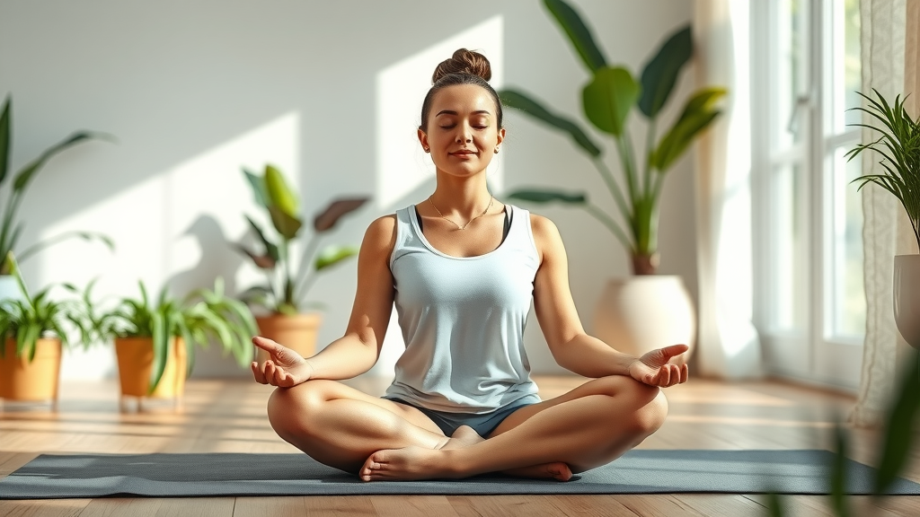 Individual meditating for mental health benefits, yoga at home with plants and sunlight