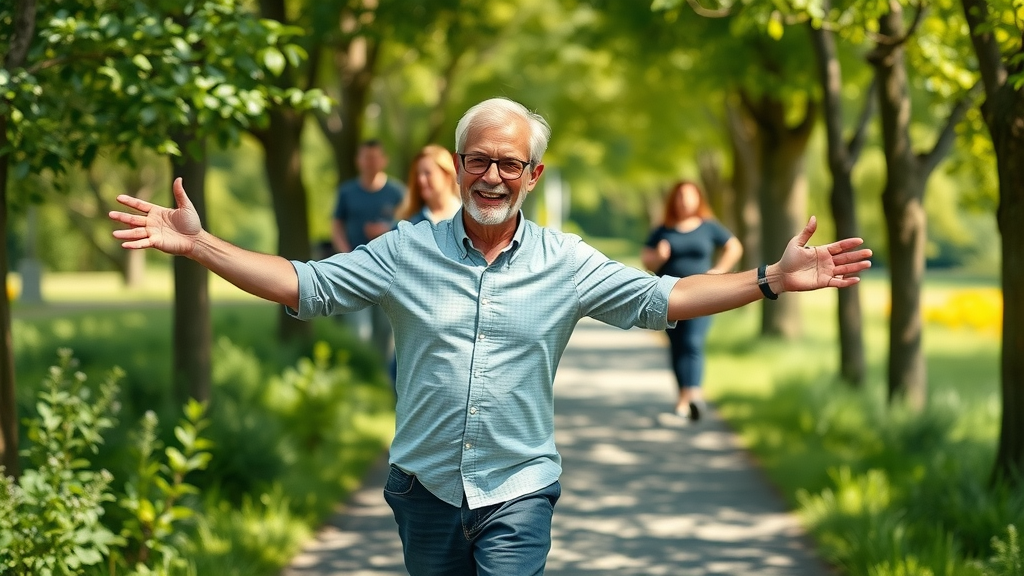 Middle-aged adult experiencing mental health benefits through walking, tree-lined sunny path