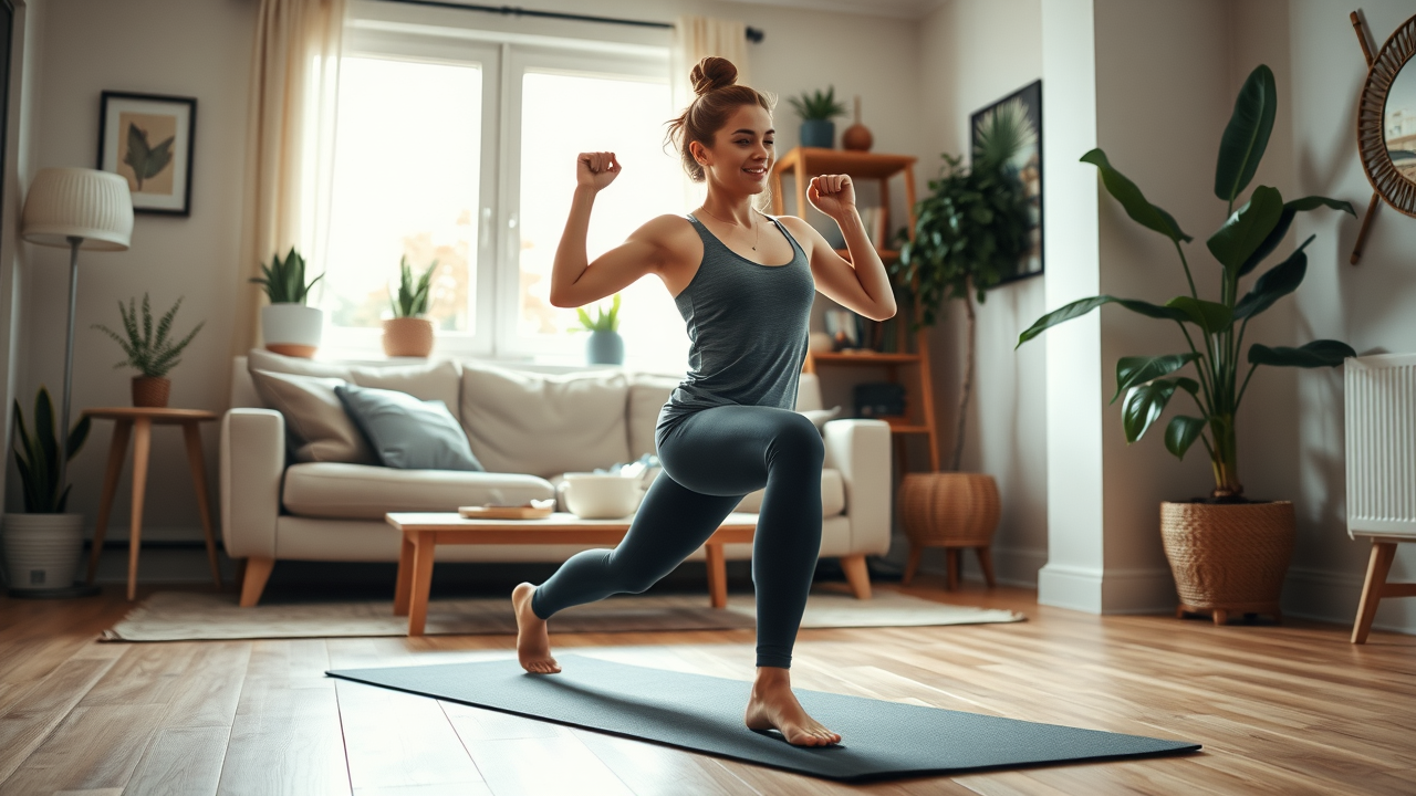 Person doing bodyweight exercise at home, mental health benefits, living room workout