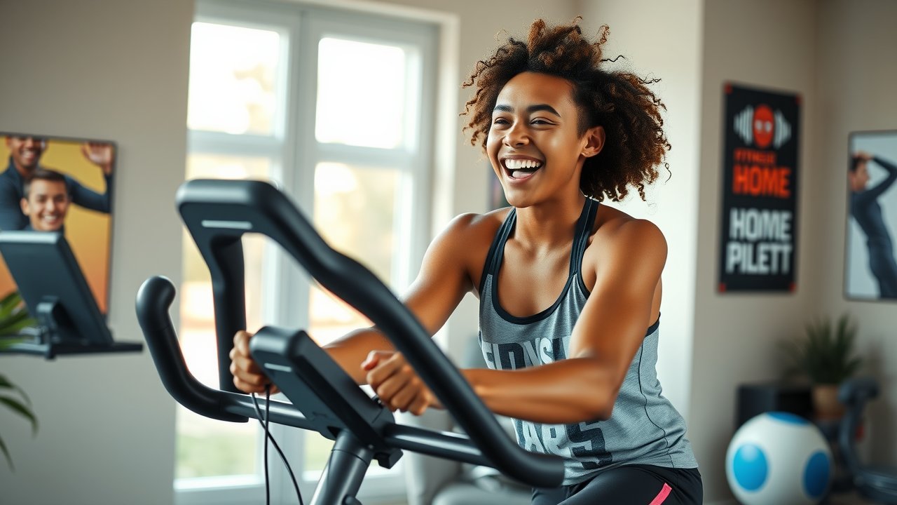 Group fitness cycling class, visible energy and mental health benefits, spin studio, vibrant lights