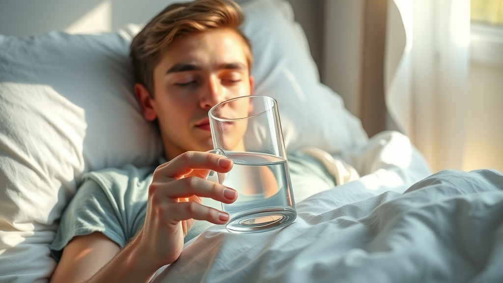 young adult drinking water to speed up flu recovery, resting in bed, with natural morning light