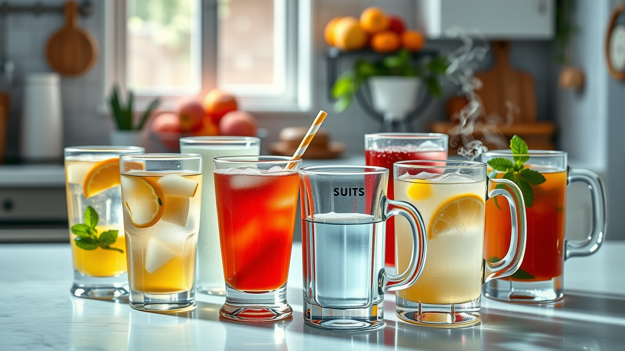 best fluids for flu recovery including water, broth, and electrolyte drinks on a kitchen table