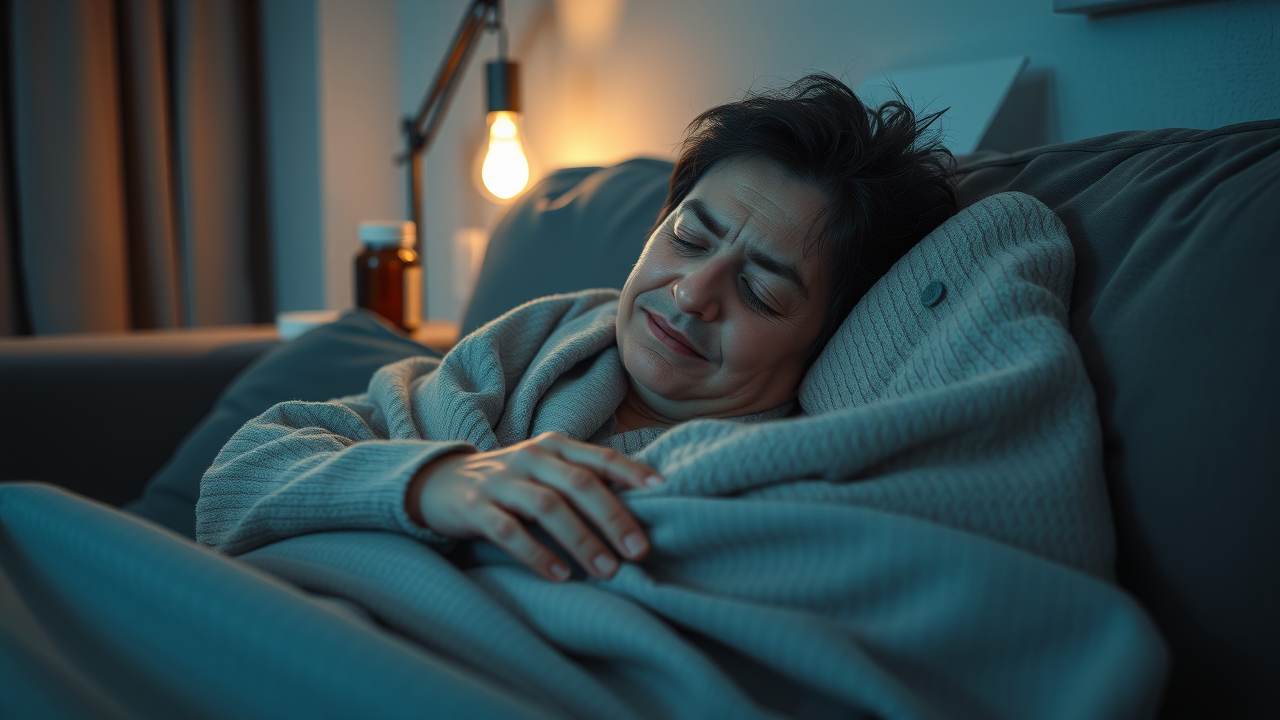resting adult sleeping in blankets with medicine bottle nearby for flu recovery support