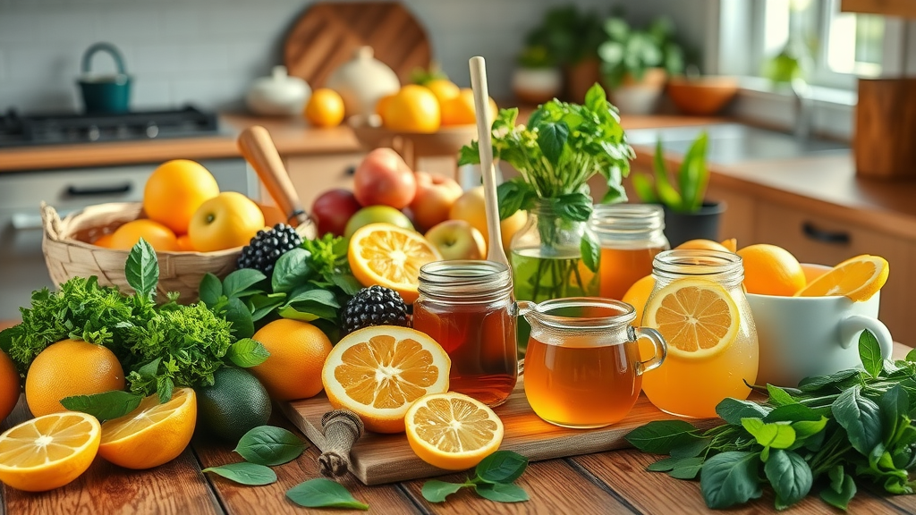 fruits, honey and herbal teas for flu recovery on a sunlit kitchen table