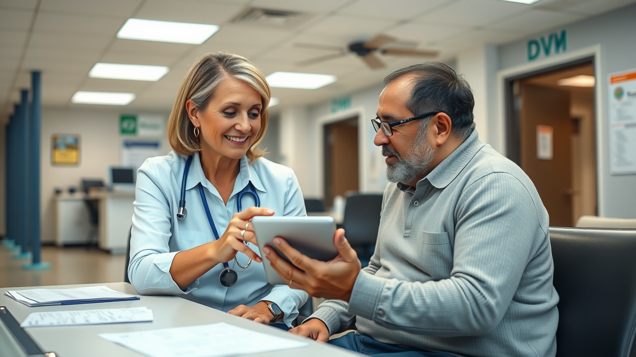 DMV clerk assisting resident with organ donor registration North Carolina using a digital tablet