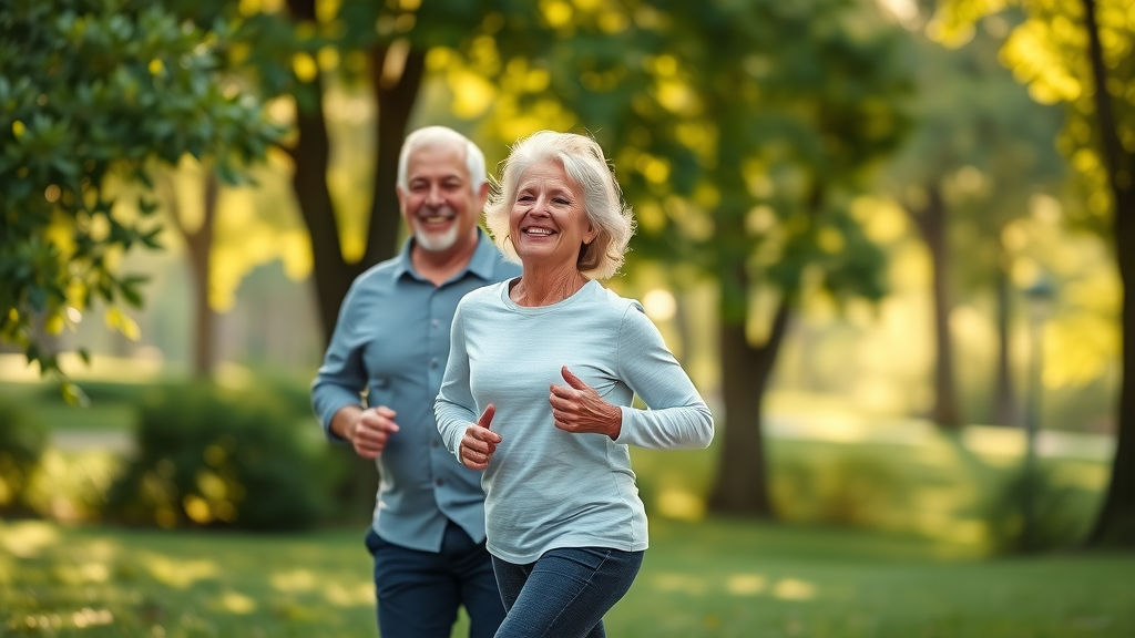 hopeful mature couple jogging in a park demonstrating improved mobility due to osteoarthritis food supplements