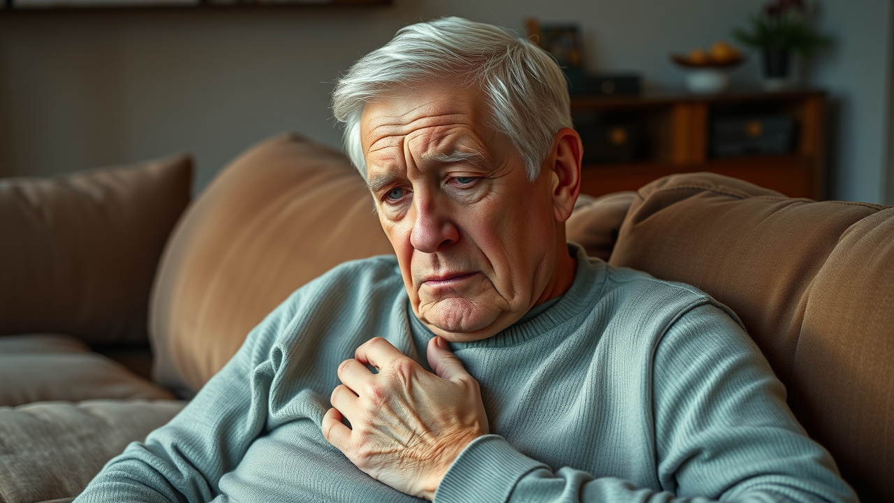 elderly man holding his knee, showing osteoarthritis-related discomfort on the couch