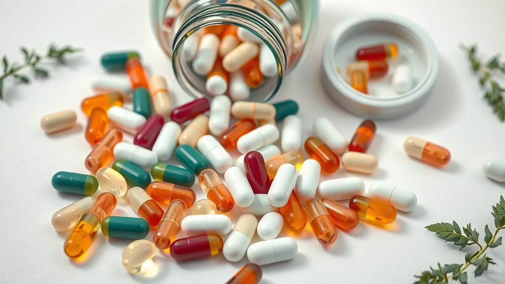 diverse array of osteoarthritis dietary supplement capsules and tablets spilling from a glass jar on white background
