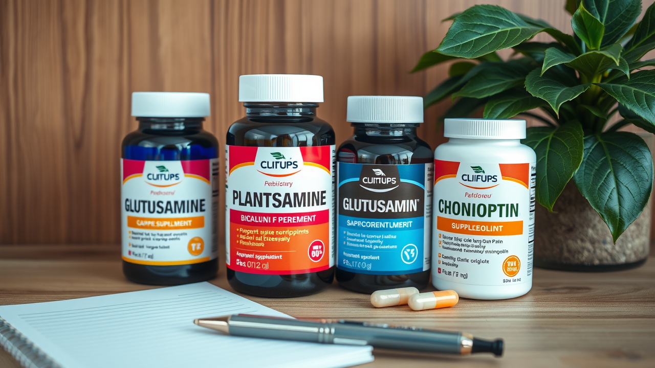 closeup of glucosamine and chondroitin supplement bottles on a desk with notepad and pen