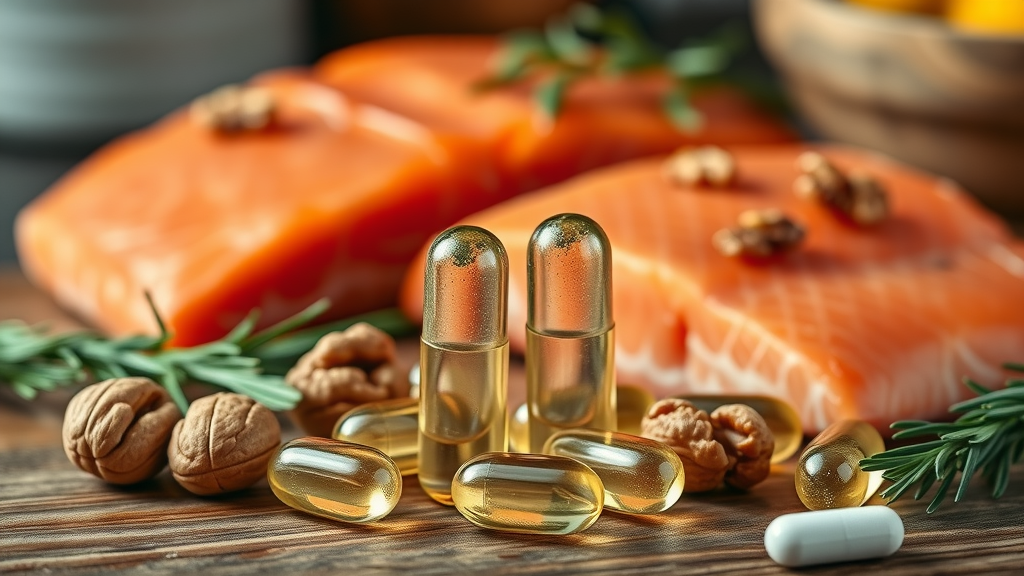 omega-3 fish oil capsules next to salmon and walnuts, representing food and supplement sources for osteoarthritis