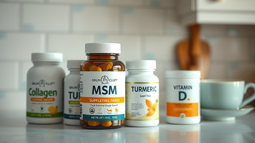 collection of supplement jars including collagen, MSM, turmeric, and vitamin D for osteoarthritis pain and stiffness on a kitchen counter with green tea