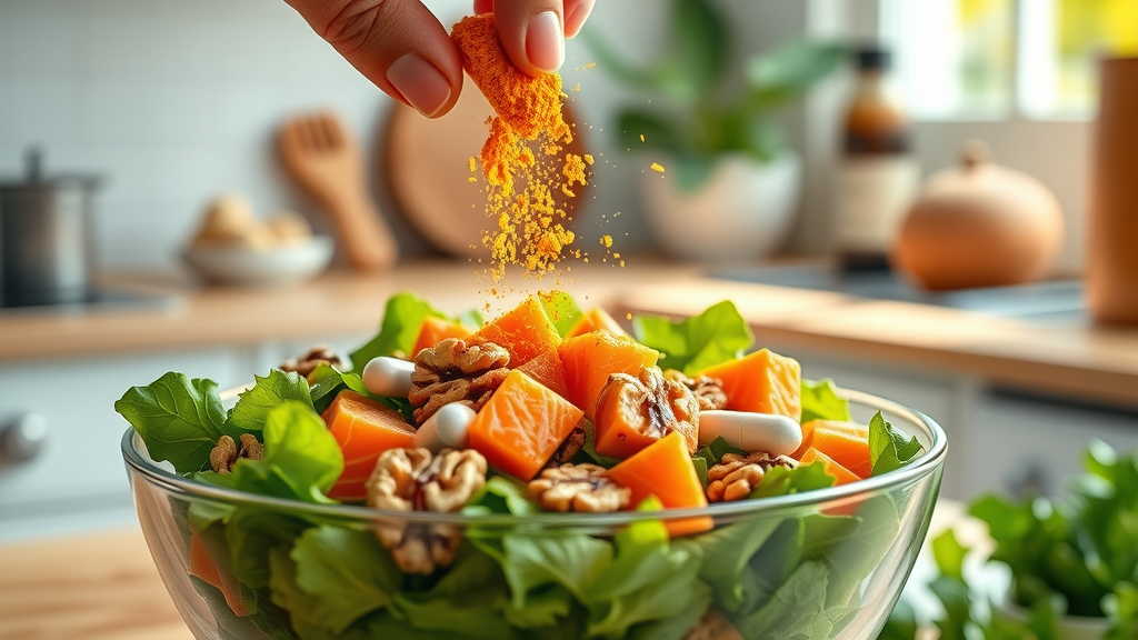salad bowl topped with walnuts, salmon, and osteoarthritis food supplements with turmeric being sprinkled for joint health