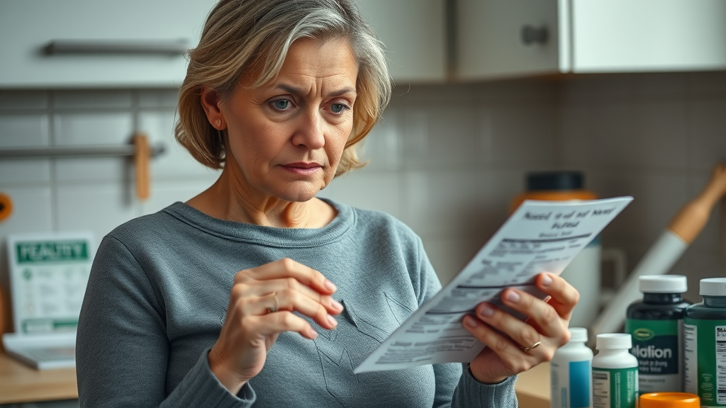 concerned middle-aged woman reading supplement label in kitchen with other supplements for osteoarthritis visible