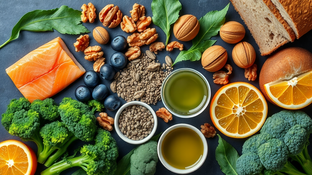 flat lay of salmon, blueberries, kale, walnuts, chia seeds, olive oil, broccoli, green tea, oranges, whole grain bread representing best foods for osteoarthritis