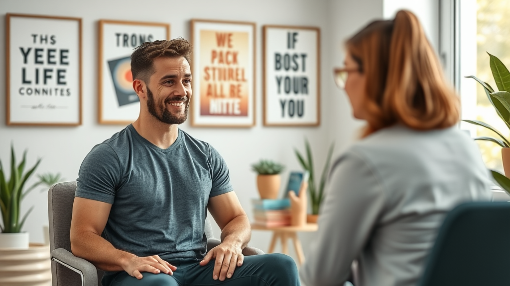 Sports psychologist guiding athlete through CBT in bright therapy room, reflecting application of behavioral therapy in sports psychology techniques.