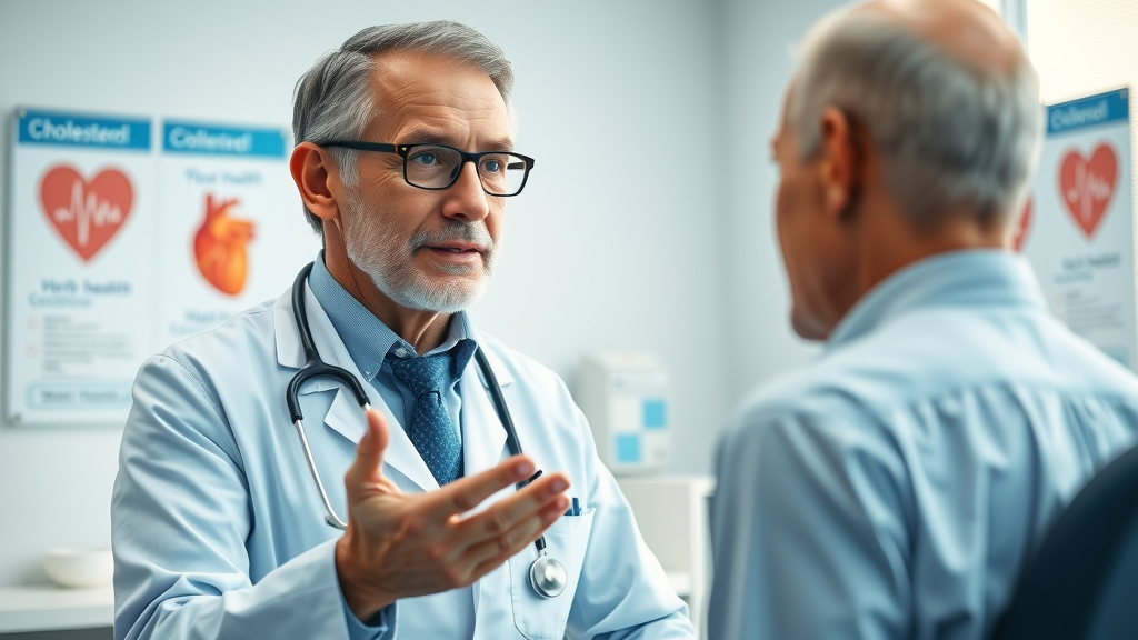 Confident middle-aged doctor explaining heart health and cholesterol risks to patient in a modern medical office, with heart health posters and props, how to lower cholesterol