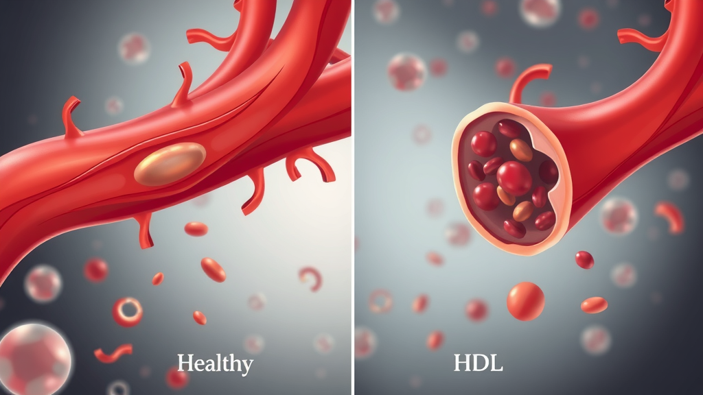 Detailed medical illustration comparing healthy vs unhealthy blood vessels, showing LDL and HDL cholesterol in how to lower cholesterol