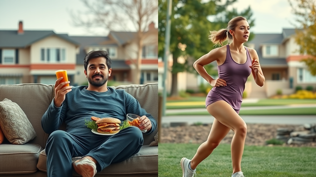 Comparison showing unhealthy sedentary person with junk food and an active jogger, contrasting lifestyles for heart health and how to lower cholesterol