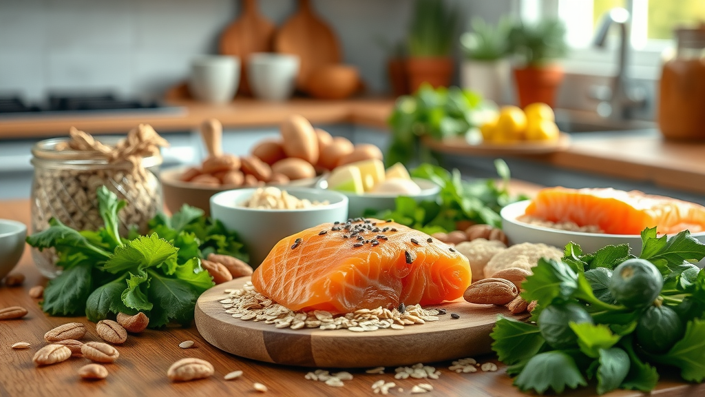 Inviting kitchen with heart-healthy foods—oats, nuts, salmon, leafy greens—how to lower cholesterol, wooden tabletop with natural lighting