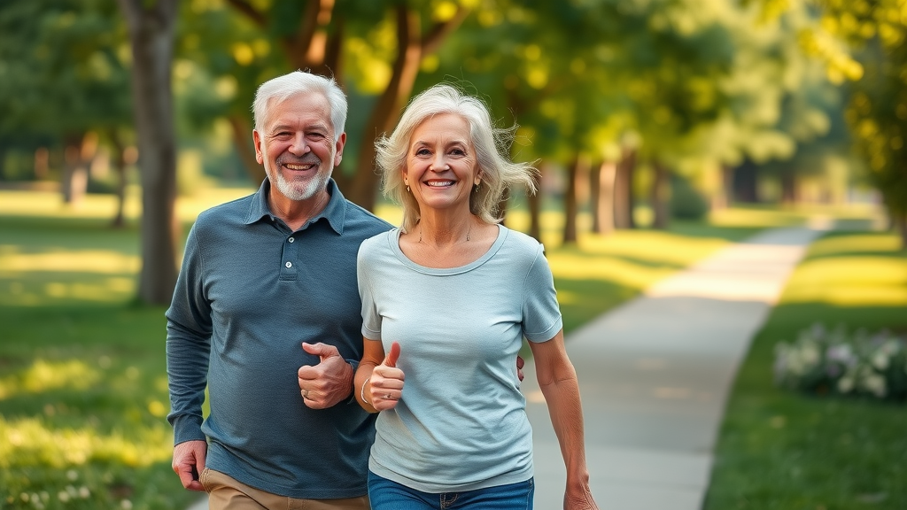 Motivated senior couple enjoying brisk walk in green park for healthy living and how to lower cholesterol, morning light, smiling faces