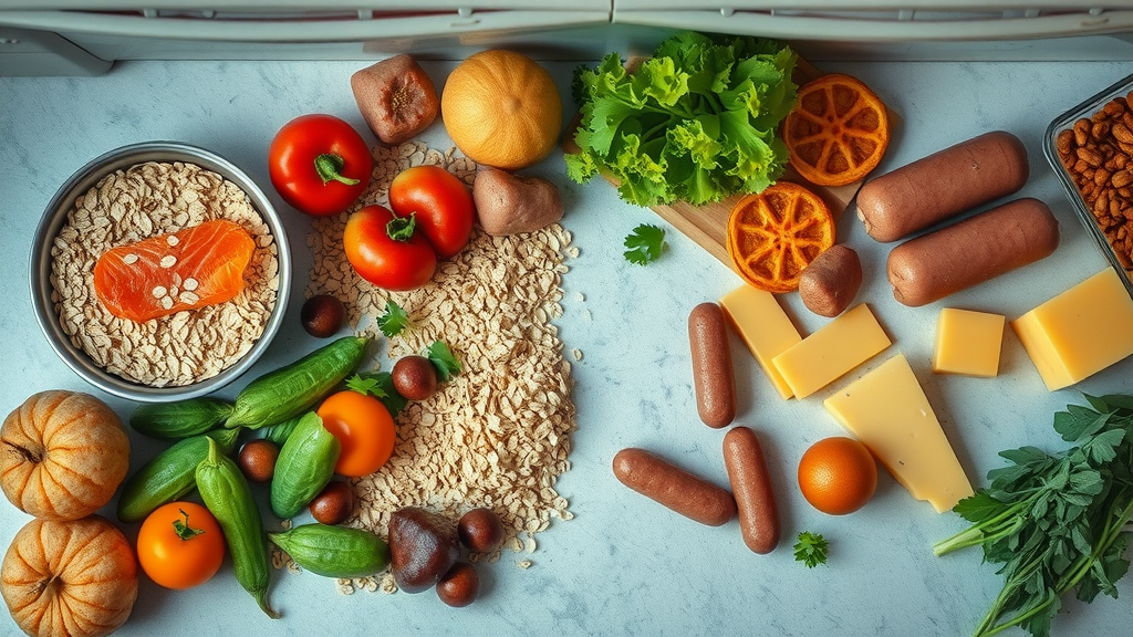 Organized kitchen countertop with healthy foods like oats and vegetables separated from unhealthy foods like sausage and cheese—how to lower cholesterol