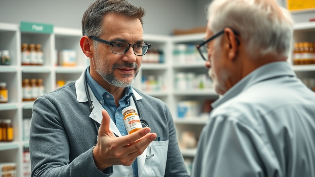 Pharmacist showing cholesterol medication to patient, pharmacy interior, educational moment—when to use medication for how to lower cholesterol