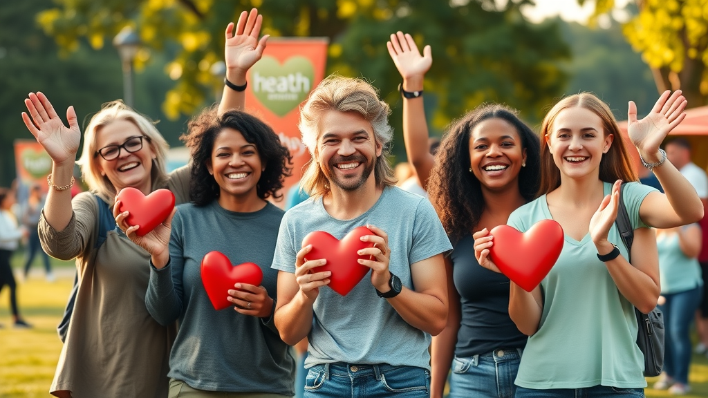 Diverse adults celebrating improved health, holding heart-shaped symbols at a park health event, cholesterol education month, how to lower cholesterol