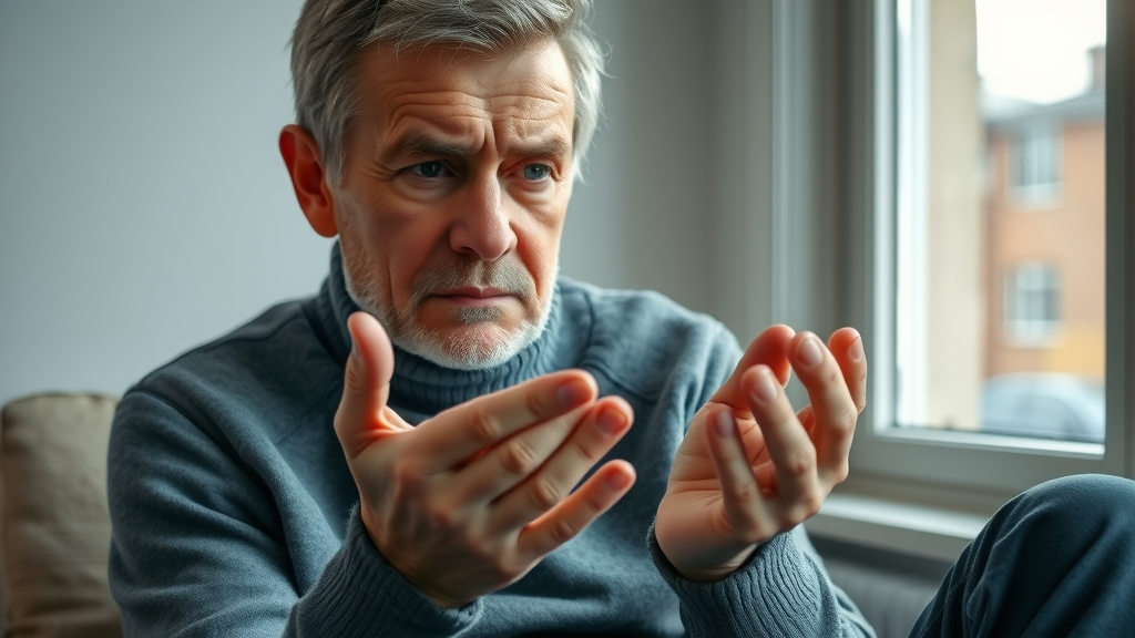 Worried person examining cold hands, showing concern for poor circulation