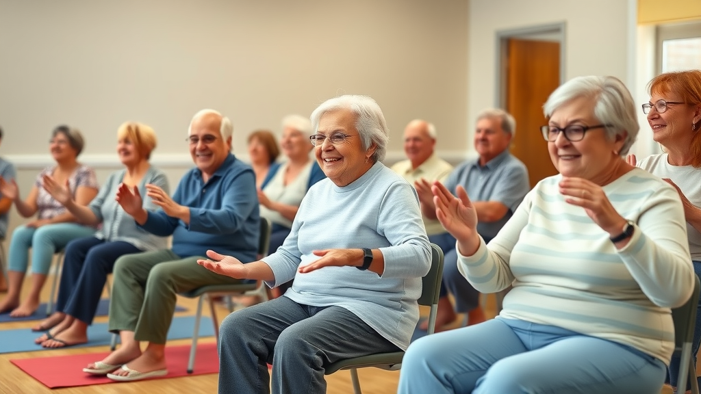 Senior group performing gentle seated exercises to boost blood circulation