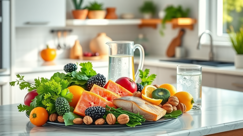 Healthy platter with fruits, vegetables, and water to support blood flow and overall wellness