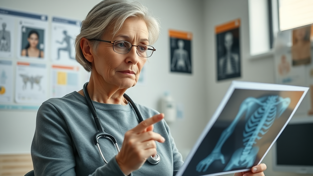 Concerned senior woman looking at bone scan report for bone health supplements