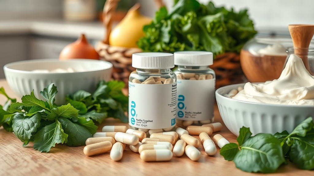 Bone health supplement pills with leafy greens and dairy products for strong bone support