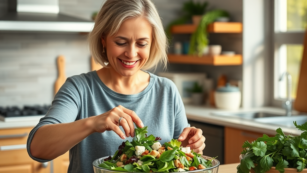 Woman in her 50s making a healthy salad for bone density and strength