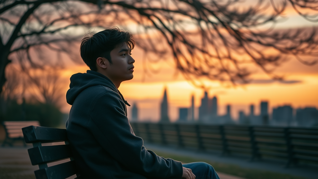 Solitary Young Adult Exploring Deep Feelings of Overwhelm at Dusk in Urban Park