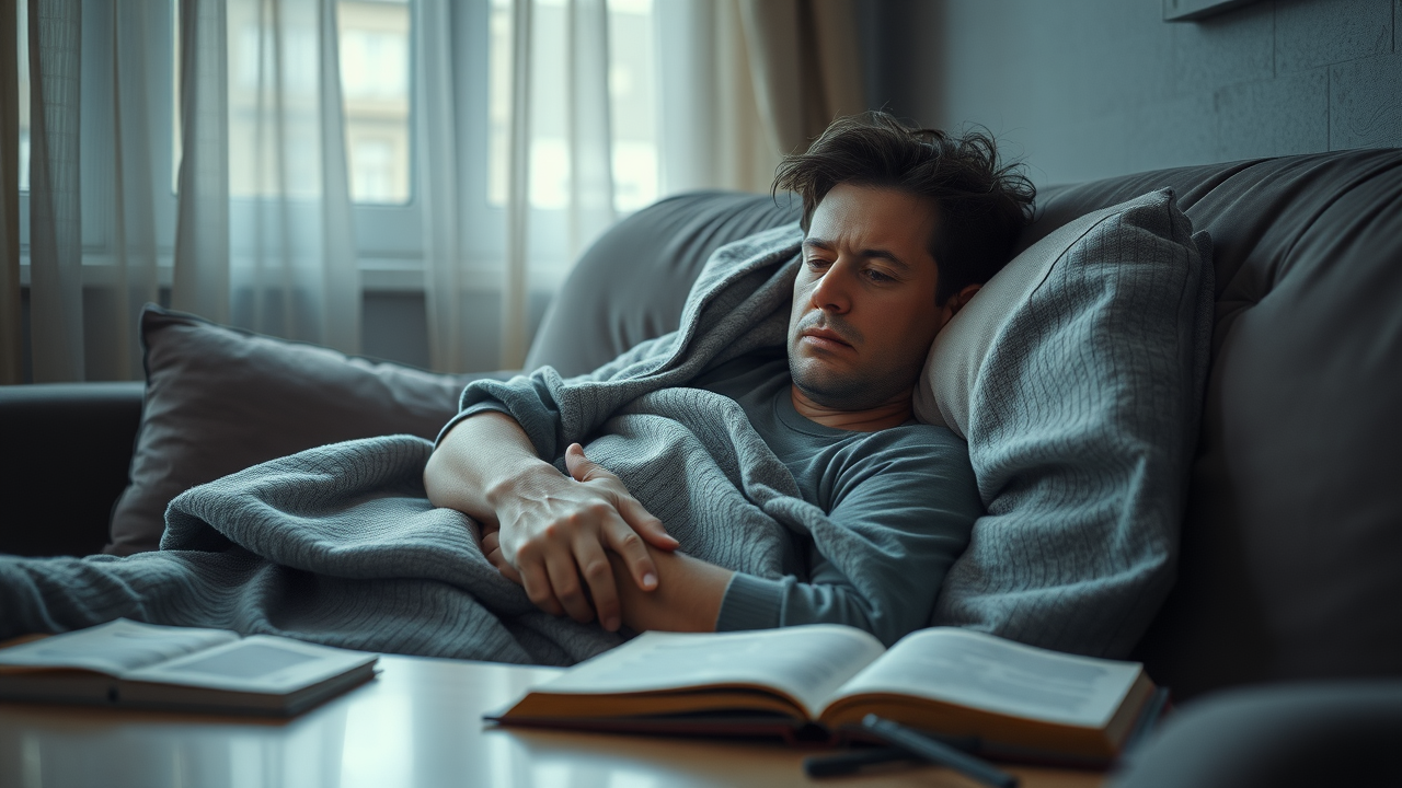 symptoms of seasonal affective disorder in the winter - Fatigued adult lying on sofa during daytime, weary expression, blanket, photorealistic dim urban apartment in winter light