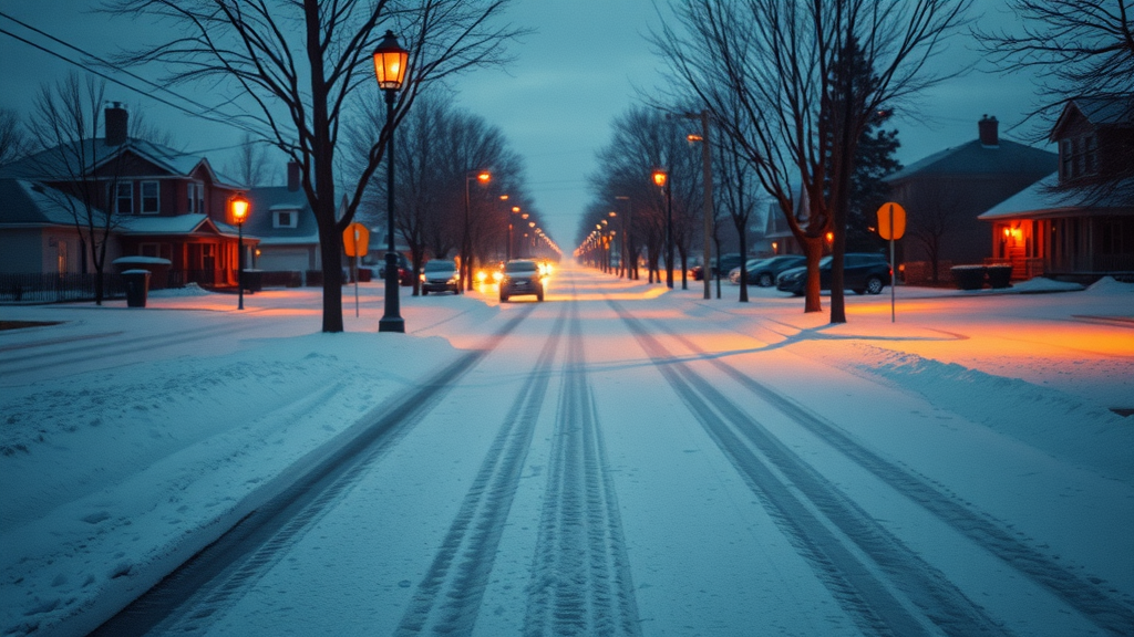 shorter days in winter and depression - Snowy suburban street at dusk, contemplative, photorealistic winter scene, bare trees, long shadows, orange light